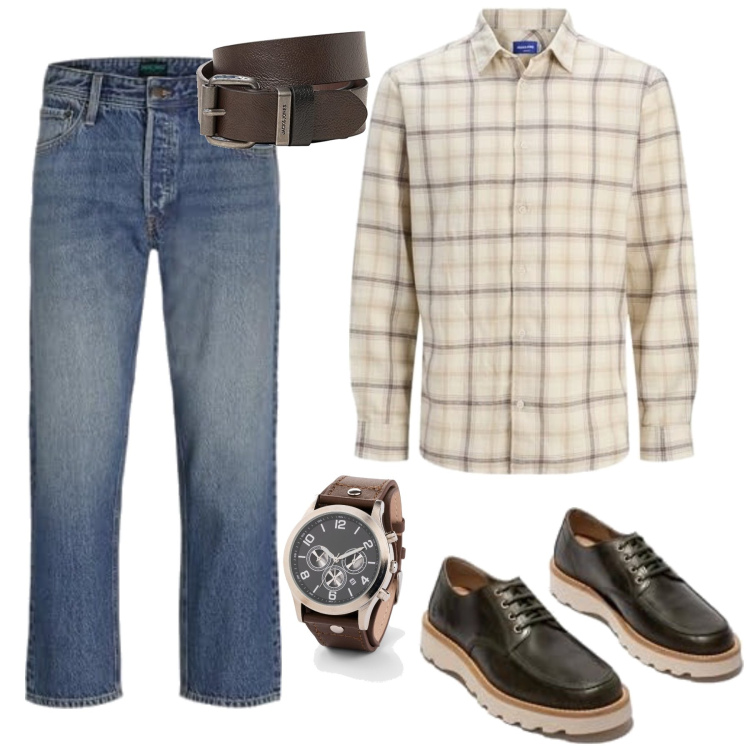 Outfit homme - Andréa. Style Casual pour Tous les jours. Assortir avec bracelets, ceintures, chaussures à lacets, jeans, chemisiers.