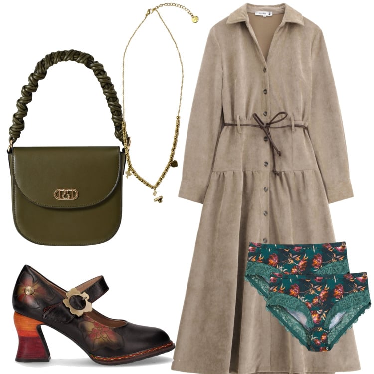 Outfit donna - Il primo abito autunnale. Stile Urban per Ufficio. Abbinamento con culotte, borse a mano, vestiti lunghi, ciondoli, décolleté.