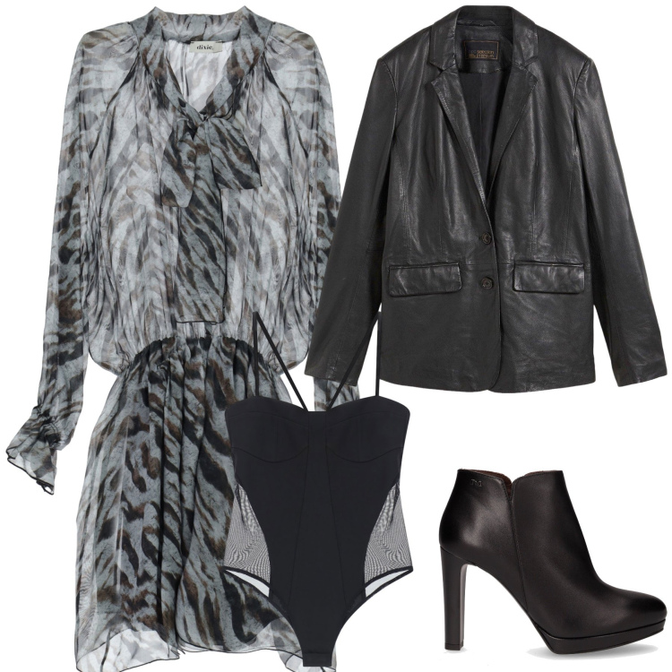 Outfit donna - Un vestito particolare e delizioso. Stile Trendy per Serata fuori. Abbinamento con blazer, body, vestiti corti, stivaletti.