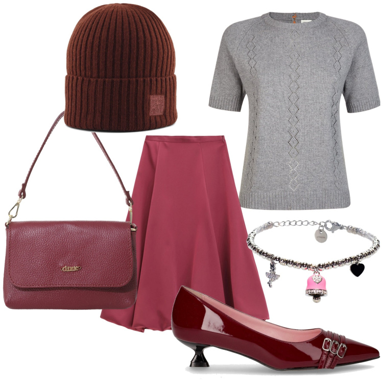Outfit donna - Appuntamento in centro città. Stile Bon Ton per Tutti i giorni. Abbinamento con gonne longuette, braccialetti, borse a tracolla, maglieria, décolleté, berretti.