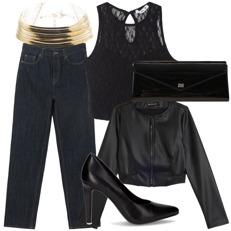 Outfit donna - Compleanno in top di pizzo. Stile Glamour per Serata fuori. Abbinamento con top, pochette, braccialetti, giacche, jeans dritti, décolleté.
