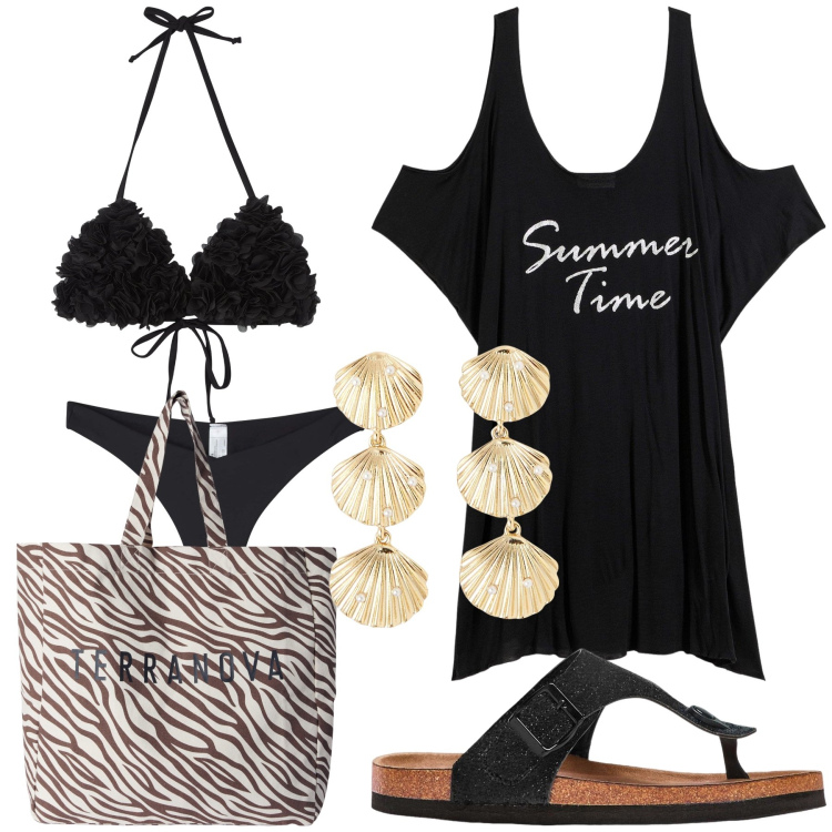 Outfit donna - Ultimo mare dell estate. Stile Basic per Mare. Abbinamento con vestiti da spiaggia, infradito, orecchini, borse tote, bikini, bikini.