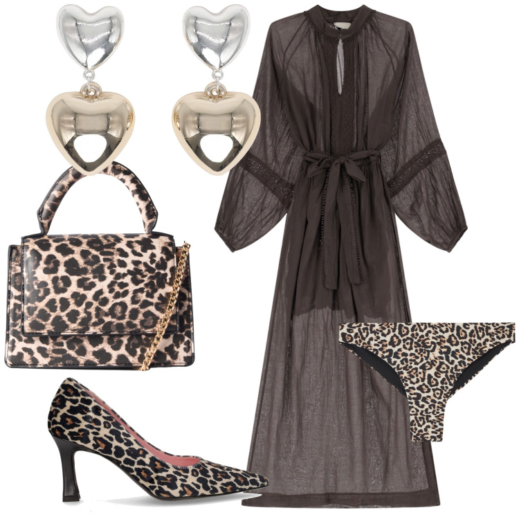Outfit donna - Trasparenze ruggenti. Stile Trendy per Serata fuori. Abbinamento con culotte, orecchini, borse a tracolla, vestiti lunghi, décolleté.
