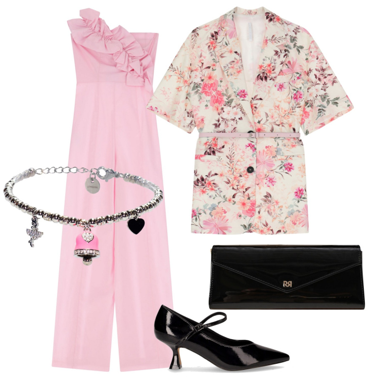 Outfit donna - Cerimonia tuta volants e fiori. Stile Trendy per Cerimonia. Abbinamento con pochette, tute, blazer, braccialetti, décolleté.