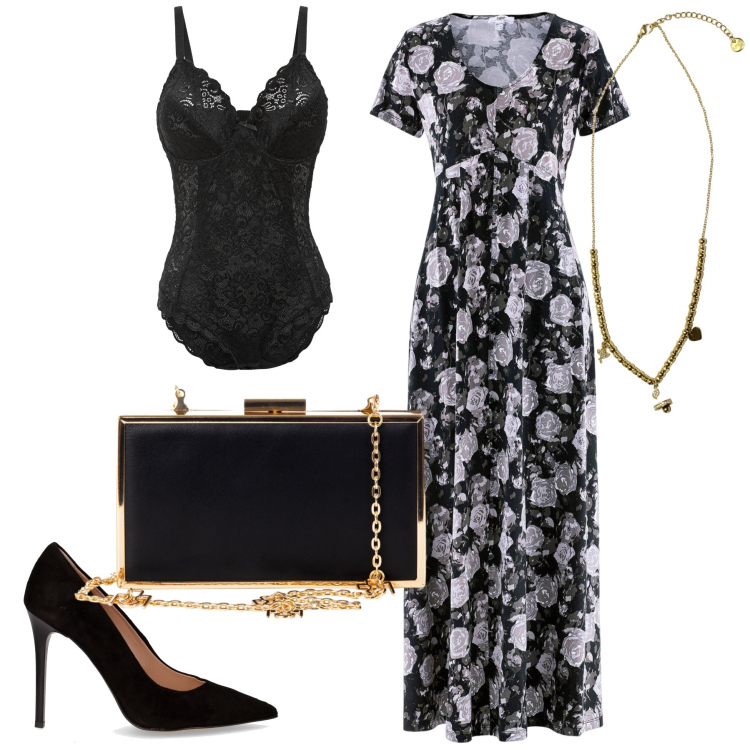 Outfit donna - Evento elegante. Stile Chic per Serata fuori. Abbinamento con vestiti lunghi, body, pochette, ciondoli, décolleté.