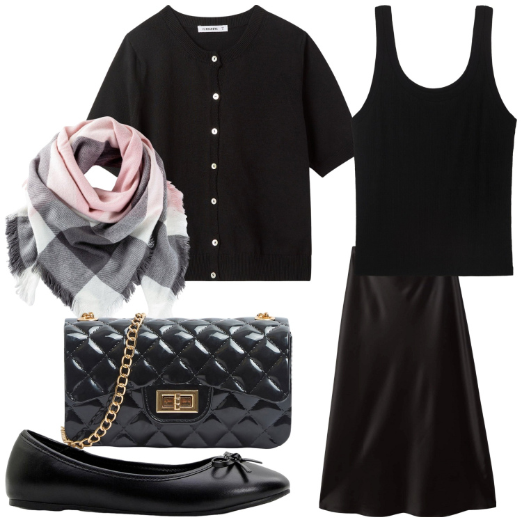 Outfit donna - Voilà. Stile Bon Ton per Serata fuori. Abbinamento con ballerine, foulard, gonne lunghe, borse a tracolla, cardigans, canottiere.