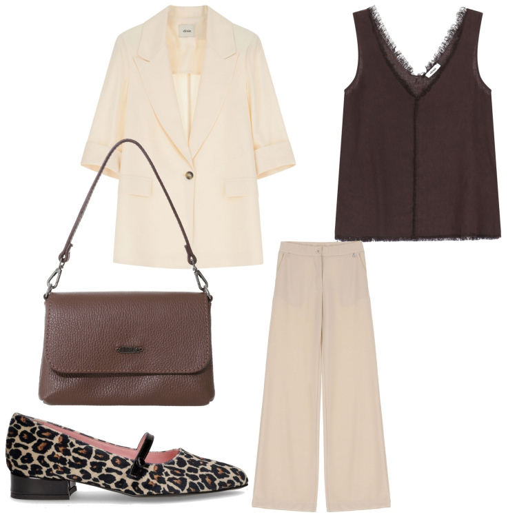 Outfit donna - Sfumature. Stile Chic per Ufficio. Abbinamento con pantaloni, blazer, borse a tracolla, top, ballerine.