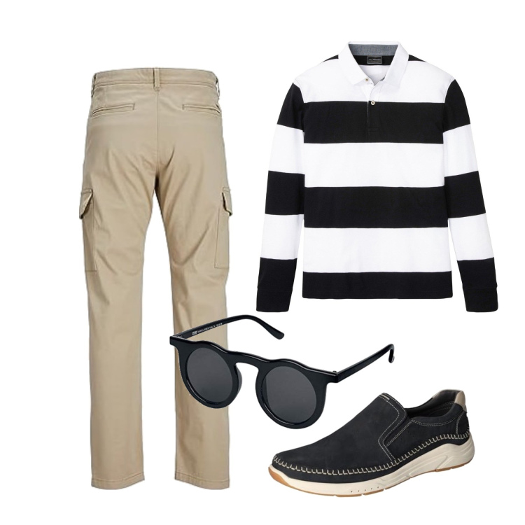 Outfit homme - Septembre. Style Casual pour Tous les jours. Assortir avec polos, pantalon cargo, chaussures à lacets, lunettes de soleil.