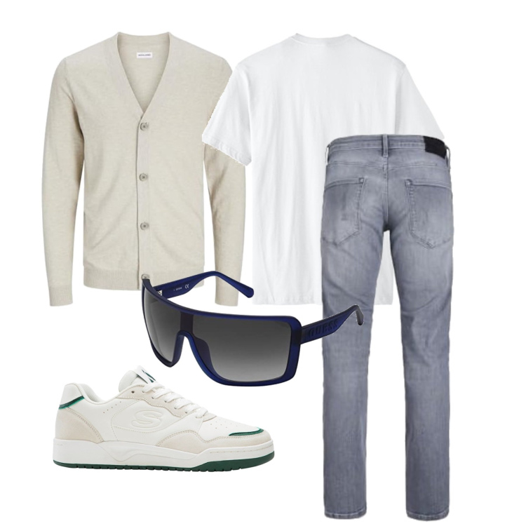 Outfit homme - Septembre. Style Casual pour Tous les jours. Assortir avec sneakers, gilets, jeans, t-shirts, lunettes de soleil.