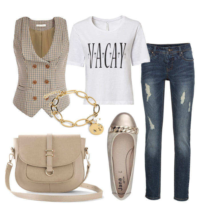 Outfit femme - Septembre. Style Hommasse pour Tous les jours. Assortir avec t-shirts, jean déchiré, sacs en bandoulière, bracelets, gilets sans manche, ballerines.