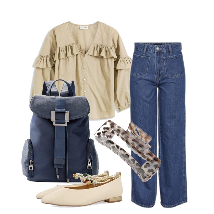 Outfit femme - Septembre. Style Casual chic pour Tous les jours. Assortir avec sacs à dos, chemisiers, ballerines, jeans mom, accessoires pour cheveux.
