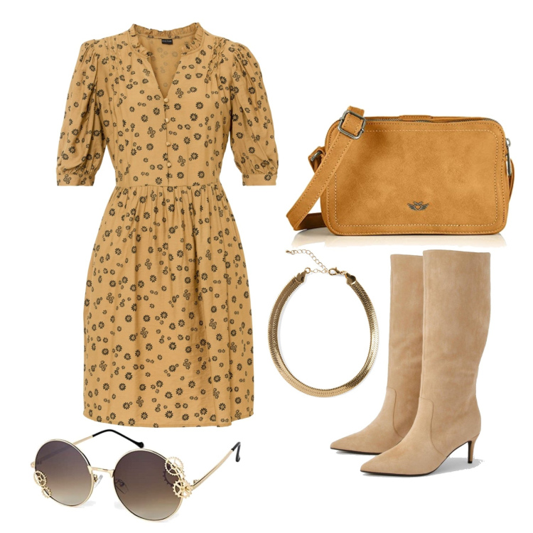Outfit femme - Septembre. Style Tendance pour Tous les jours. Assortir avec robes longues, colliers, bottes, lunettes de soleil, sac cabas.