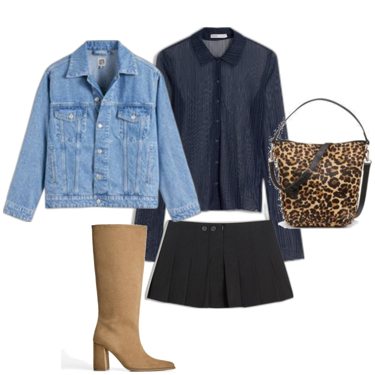 Outfit mujer - Preppy #619. Estilo Preppy para Todos los días. Combinación con botas, bolsos saco, blazers, faldas, camiseta.