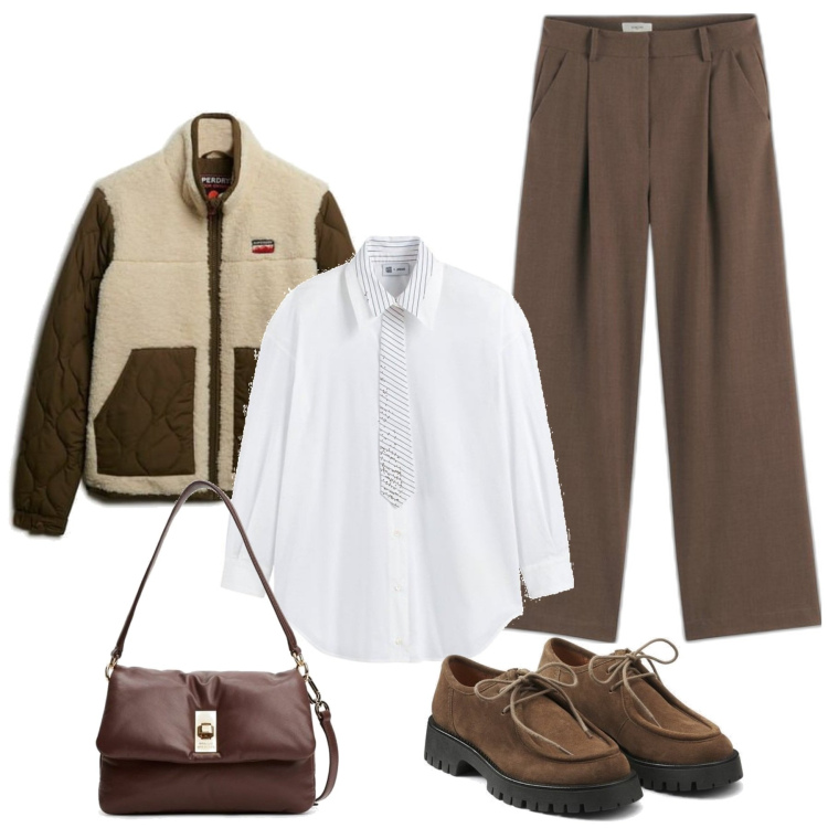 Outfit mujer - Mannish #678. Estilo Mannish para Todos los días. Combinación con camisas, pantalones palazzo, zapatos con cordones, bolsos de mano, cárdigans.