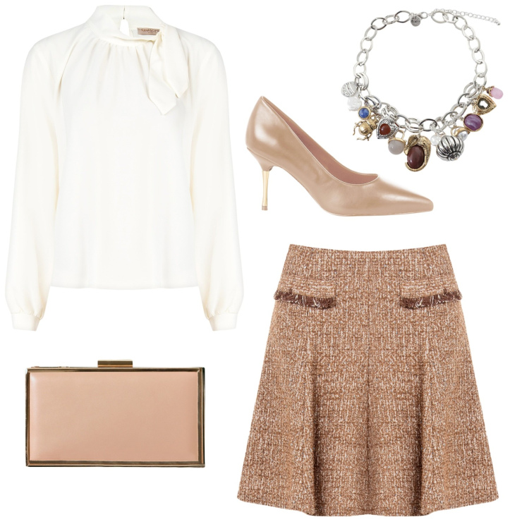 Outfit donna - Romantique Rose Antique. Stile Casual chic per Serata fuori. Abbinamento con minigonne, décolleté, pochette, bluse, braccialetti con ciondoli.