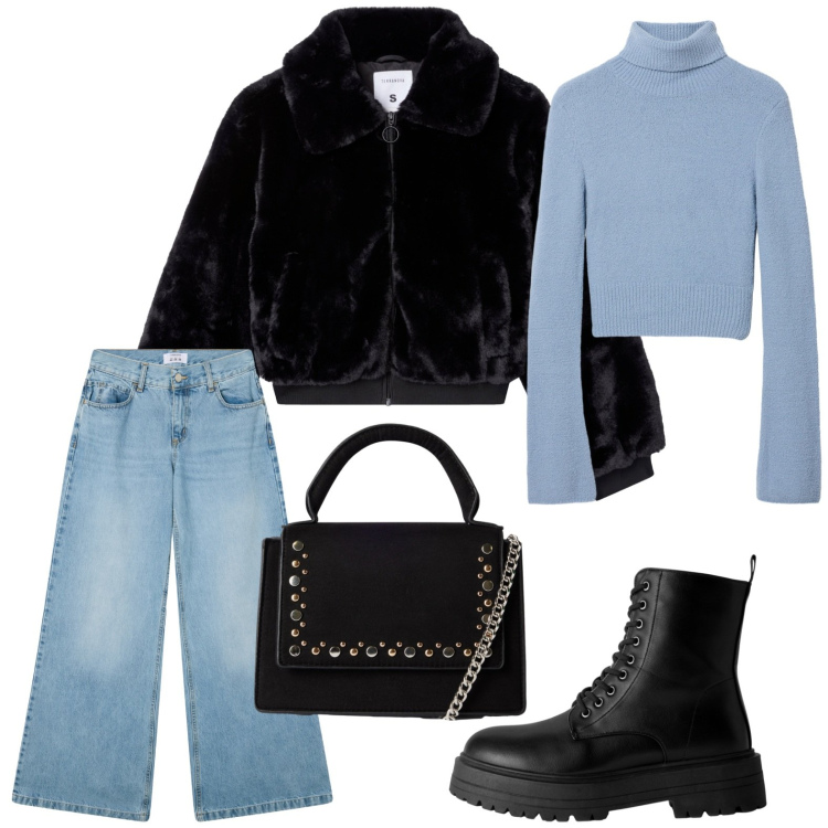 Outfit donna - Terranova - New Collection AI26. Stile Minimal per Tutti i giorni. Abbinamento con anfibi, maglieria, ecopellicce, borse a tracolla, jeans.