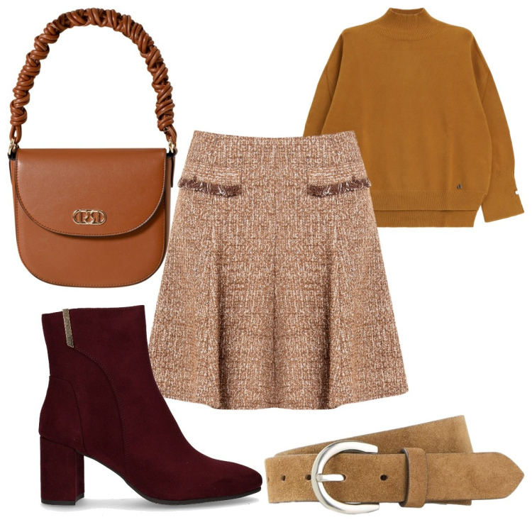 Outfit donna - Total look #2246418. Stile Trendy per Tutti i giorni. Abbinamento con cinture, minigonne, borse a mano, maglieria, stivaletti.