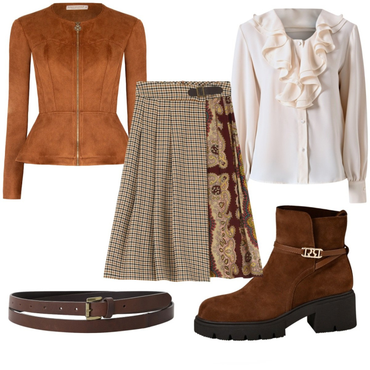 Outfit donna - Total look #2246419. Stile Trendy per Tutti i giorni. Abbinamento con blazer, stivaletti, bluse, gonne, cinture.
