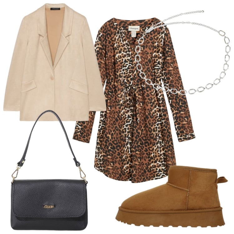 Outfit donna - Total look #2246420. Stile Trendy per Tutti i giorni. Abbinamento con vestiti, stivali, collane, borse a tracolla, blazer.