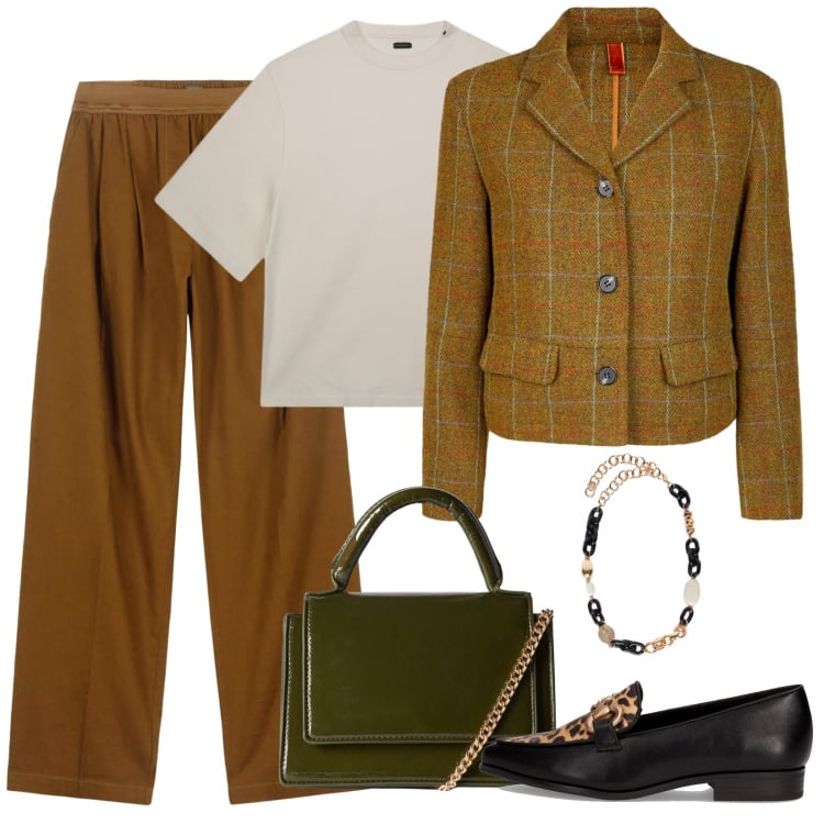 Outfit donna - Torno in ufficio. Stile Mannish per Ufficio. Abbinamento con borse a tracolla, blazer, pantaloni, mocassini, t-shirt, collane.