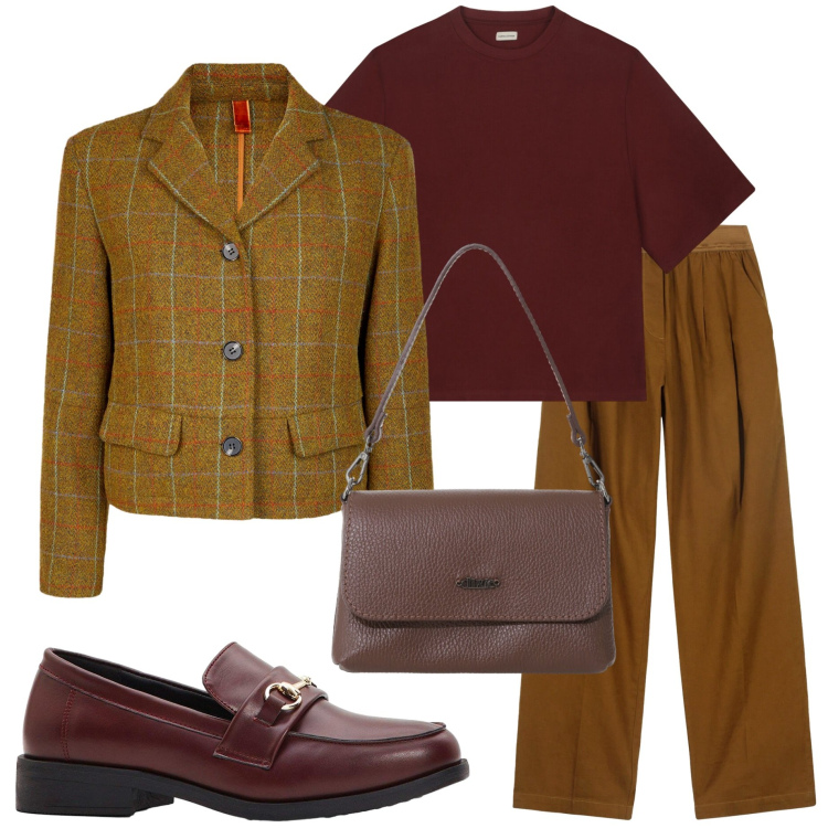 Outfit donna - Fall. Stile Urban per Ufficio. Abbinamento con mocassini, borse a tracolla, t-shirt, blazer, pantaloni.