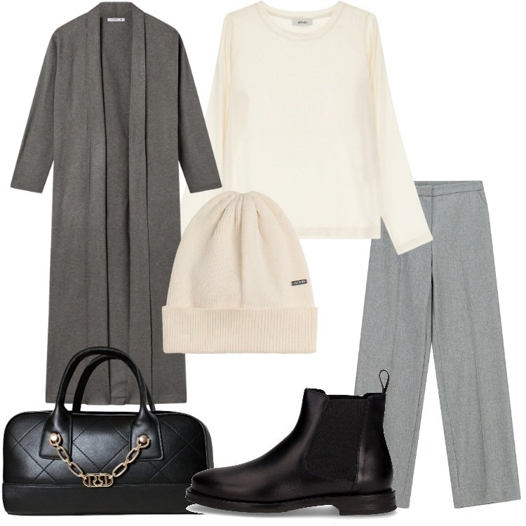 Outfit donna - Pinterest Inspiration x Bantoa. Stile Minimal per Tutti i giorni. Abbinamento con cardigans, borse a mano, pantaloni a palazzo, cappelli, maglieria, stivaletti chelsea.