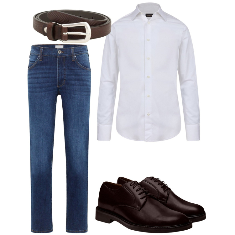 Outfit uomo - Semplicità. Stile Business/Elegante per Serata speciale. Abbinamento con jeans dritti, cinture, scarpe stringate, camicie.