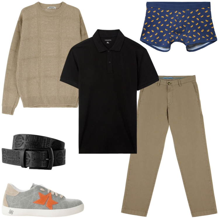 Outfit uomo - Black Polo. Stile Casual per Serata speciale. Abbinamento con cinture, polo, boxer, pullovers, pantaloni chino, sneakers.