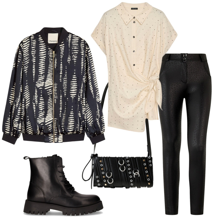 Outfit donna - Total look #2246438. Stile Rock per Tutti i giorni. Abbinamento con bomber, borse a spalla, pantaloni skinny, camicie a manica corta, anfibi.