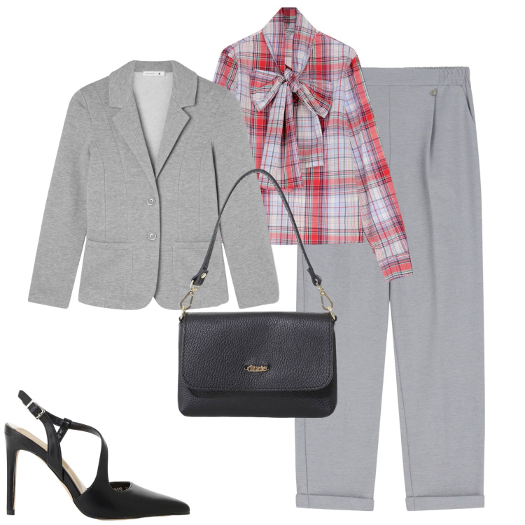 Outfit donna - Un tocco di rosso. Stile Urban per Tutti i giorni. Abbinamento con blazer, camicie, décolleté, pantaloni, borse a tracolla.
