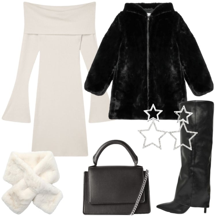Outfit donna - Terranova - New Collection AI26. Stile Chic per Serata fuori. Abbinamento con orecchini, stivali, borse a tracolla, vestiti corti, cappotti, sciarpe.