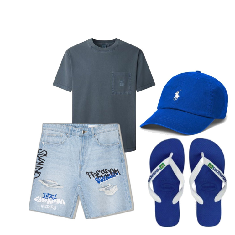 Outfit hombre - Paseo por la playa. Estilo Urban para Todos los días. Combinación con sandalias, bermudas, sombreros o gorros con visera, camiseta.