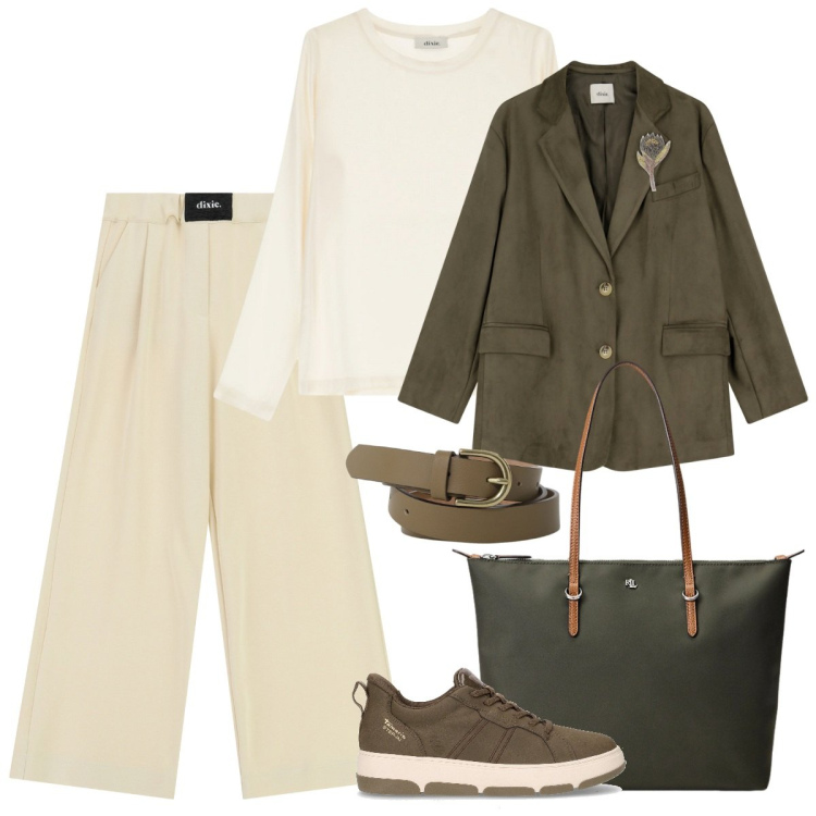 Outfit donna - FW Dixie. Stile Mannish per Ufficio. Abbinamento con pantaloni a palazzo, maglieria, cinture, blazer, borse tote, sneakers.