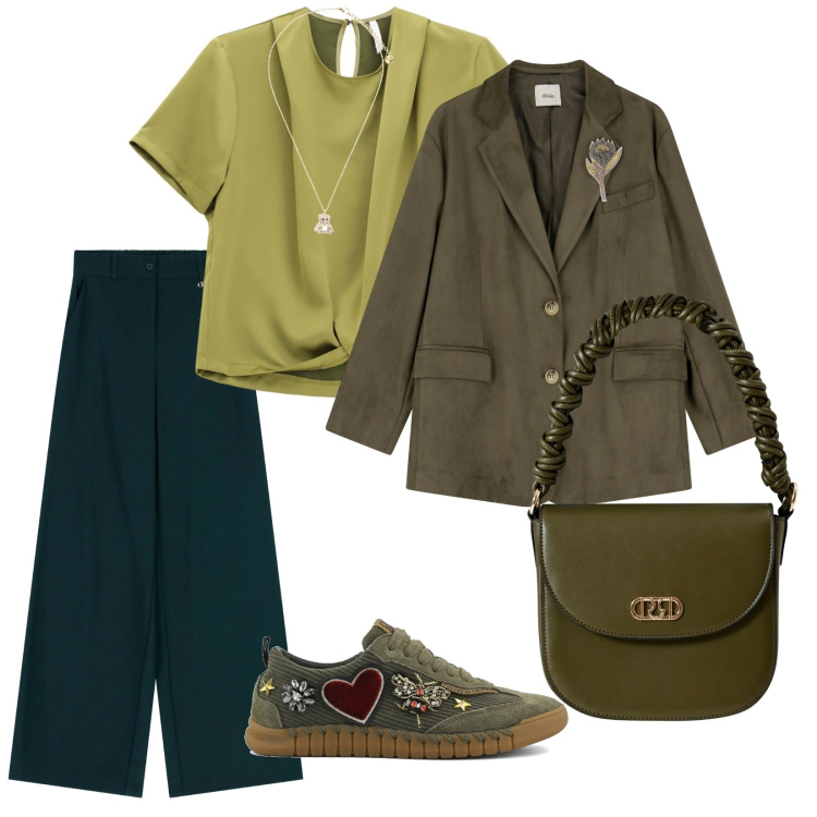 Outfit donna - Verde. per Tutti i giorni. Abbinamento con borse a mano, bluse, ciondoli, blazer, pantaloni a palazzo, sneakers.
