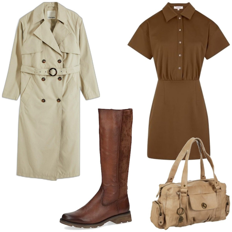 Outfit femme - Automne marron. Style Basique pour Tous les jours. Assortir avec imperméable, robes, sacs à main, bottes.