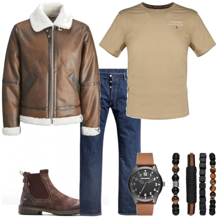 Outfit homme - Tendance #5566. Style Tendance pour Tous les jours. Assortir avec bottes, t-shirts, jeans, montres analogiques, vestes.