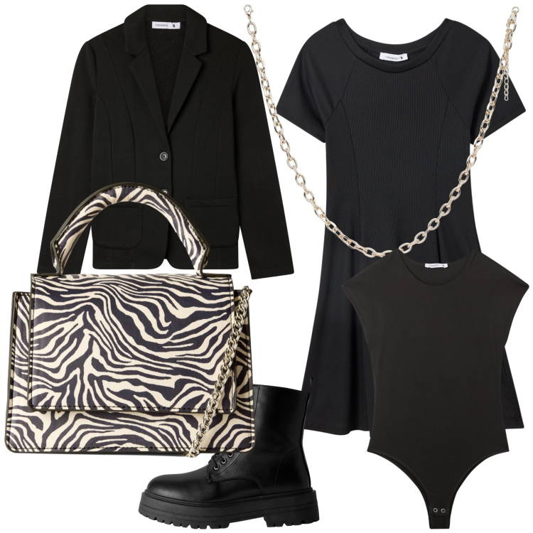 Outfit donna - Settembre Terranova. Stile Urban per Tutti i giorni. Abbinamento con vestiti corti, collane, body, borse a tracolla, anfibi, blazer.