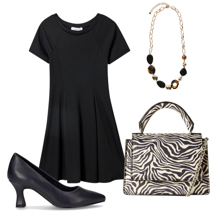 Outfit donna - Un pratico abitino. Stile Trendy per Tutti i giorni. Abbinamento con borse a tracolla, vestiti corti, collane, décolleté.