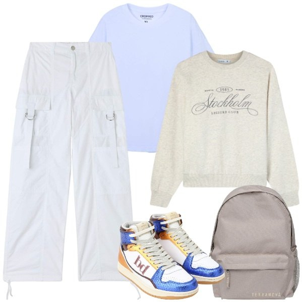 Outfit donna - Comoda in cargo e felpa. Stile Sporty chic per Tutti i giorni. Abbinamento con pantaloni cargo, felpe, zaini, t-shirt, sneakers alte.