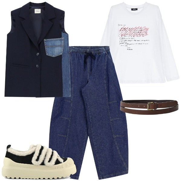 Outfit donna - Giacca smanicata a settembre. Stile Urban per Tutti i giorni. Abbinamento con pantaloni a palazzo, cinture, gilet, t-shirt, sneakers.