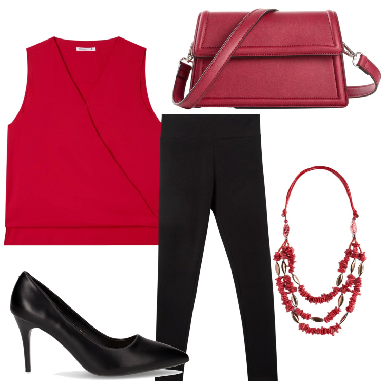 Outfit donna - Un tocco rosso. Stile Casual per Tutti i giorni. Abbinamento con borse a tracolla, bluse, leggings, décolleté, collane.