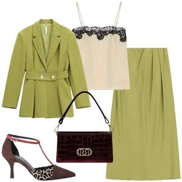 Outfit donna - Completo verde mela. Stile Chic per Ufficio. Abbinamento con borse a mano, blazer, canottiere, gonne lunghe, décolleté.