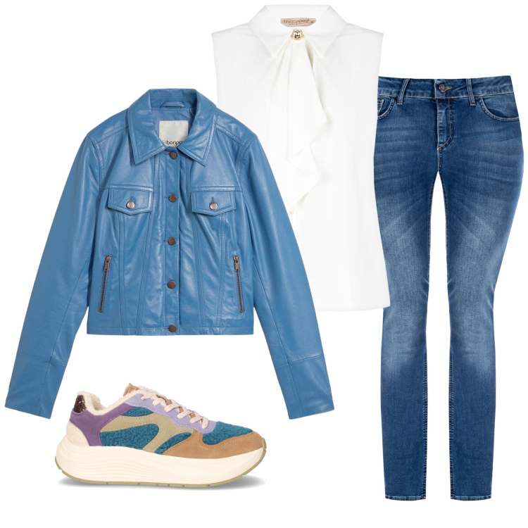 Outfit donna - Total look #2246483. Stile Casual per Tutti i giorni. Abbinamento con blazer, top, jeans skinny, sneakers.