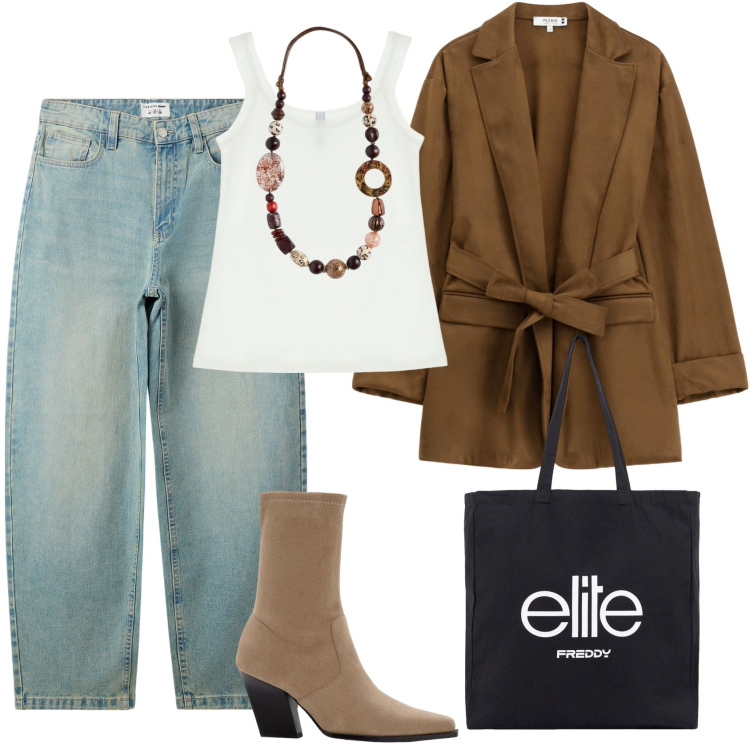 Outfit donna - Daily style. Stile Glamour per Tutti i giorni. Abbinamento con stivaletti, jeans, blazer, canottiere, shopping bag, collane.