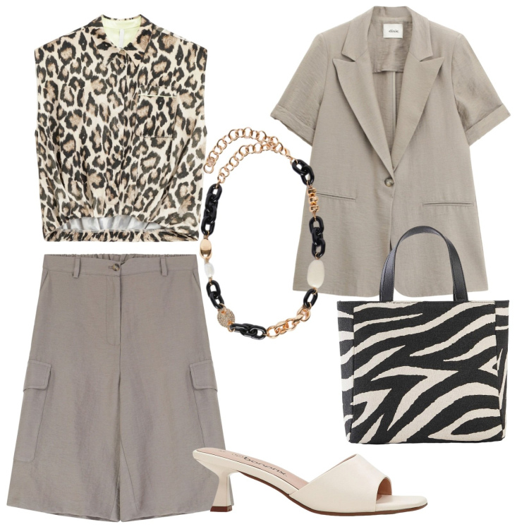Outfit donna - Rientro in ufficio. Stile Trendy per Ufficio. Abbinamento con borse a mano, ciabatte, camicie, shorts, blazer, collane.