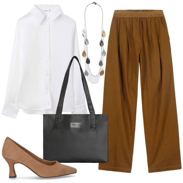 Outfit donna - La camicia bianca. Stile Chic per Ufficio. Abbinamento con camicie, shopping bag, pantaloni, collane, décolleté.