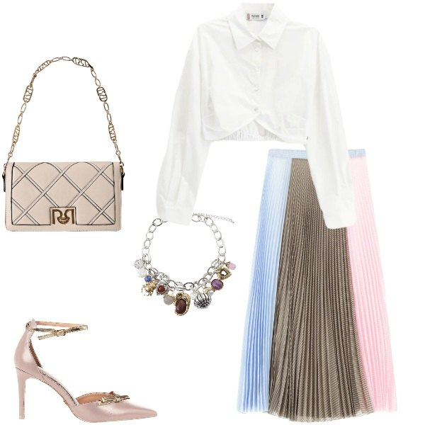 Outfit donna - Pastello per il rientro...what else?. Stile Urban Abbinamento con décolleté, borse a tracolla, camicie, gonne lunghe, braccialetti con ciondoli.