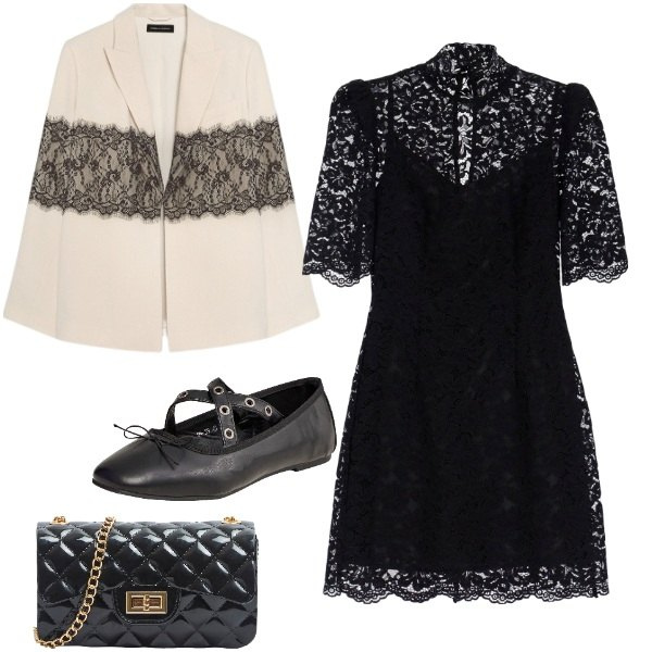 Outfit donna - Pizzo sporty chic. Stile Sporty chic Abbinamento con borse a tracolla, ballerine, vestiti corti, blazer.