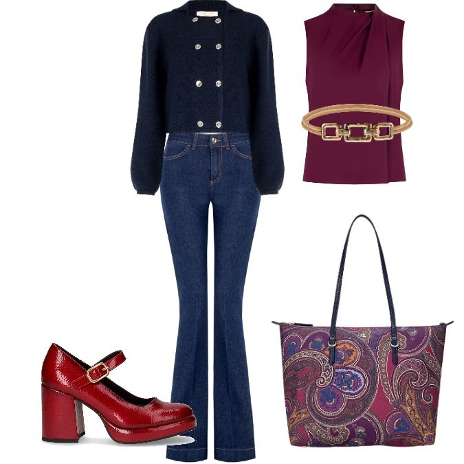 Outfit donna - Pronta per l\'autunno!. Stile Casual chic per Tutti i giorni. Abbinamento con top, cinture, blazer, jeans a zampa, borse tote, décolleté.