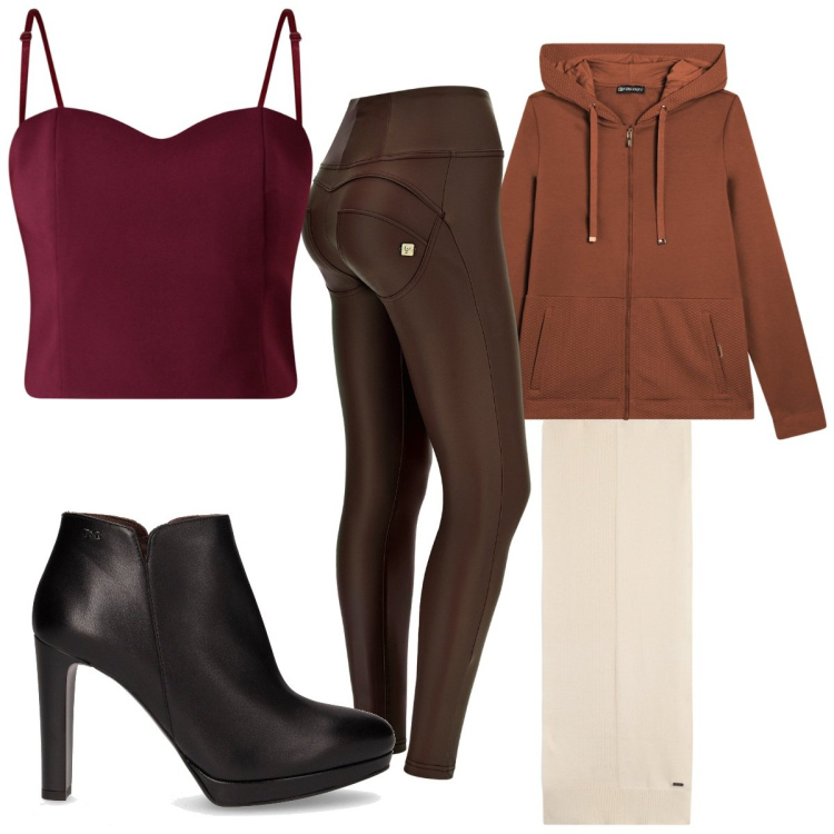 Outfit donna - Total look #2246493. Stile Sporty chic per Tutti i giorni. Abbinamento con top, sciarpe, pantaloni skinny, felpe con cappuccio, stivaletti.